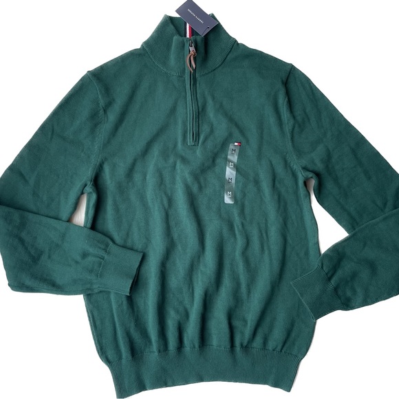 Tommy Hilfiger Other - Tommy Hilfiger Mens Solid Quarter Zip Mock Neck Sweater Hunter Green Size Medium